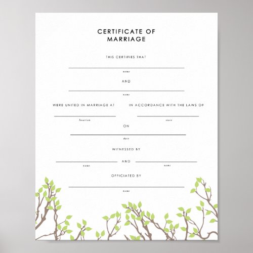 Blissful Branches Keepsake Marriage Certificate Poster