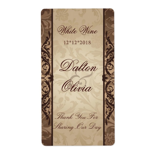 Blissful Brocade Brown Wedding Wine Label (Front)