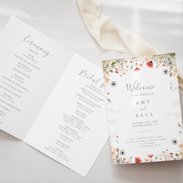 Blissful Colorful Boho Wildflower Folded Wedding Program (Creator Uploaded)