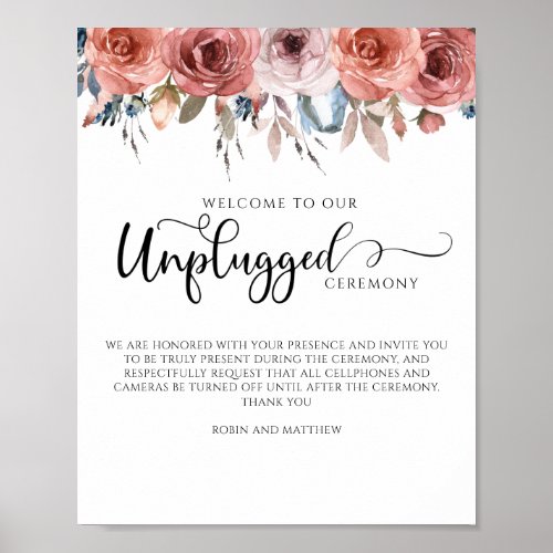 Blissful Floral Blush Blue Unplugged Ceremony Sign