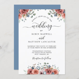Blissful Floral Dusty Blue and Blush Wedding Invitation