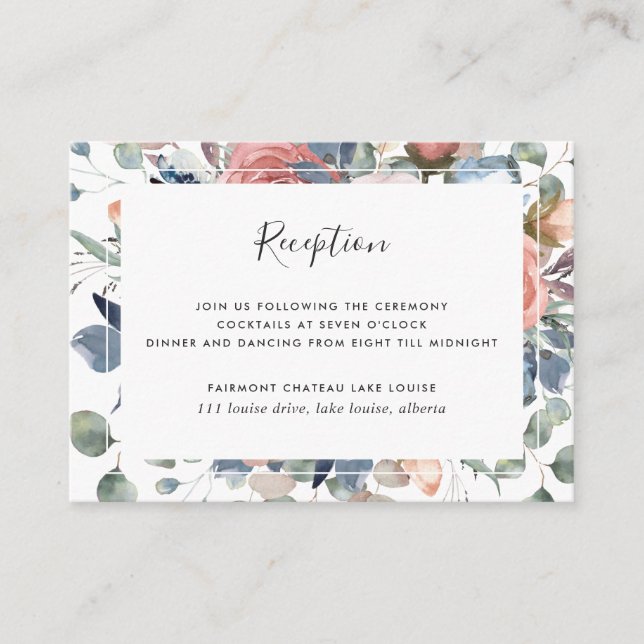 Blissful Floral Dusty Blue and Greenery Reception Enclosure Card (Front)