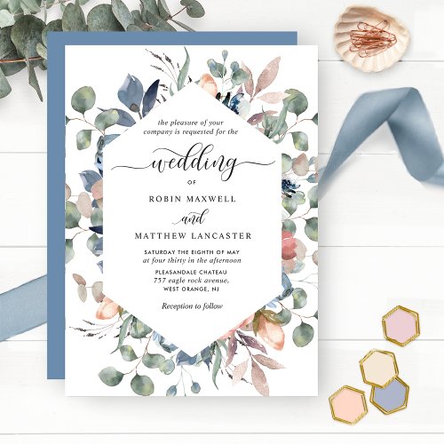 Blissful Floral Dusty Blue and Greenery Wedding Invitation