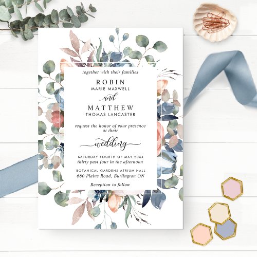 Blissful Floral Dusty Blue and Greenery Wedding Invitation