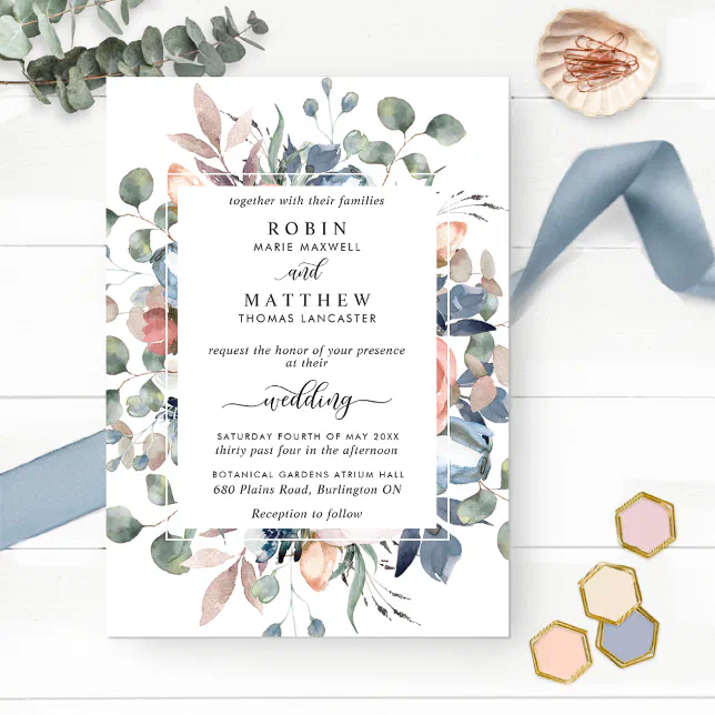 Blissful Floral Dusty Blue and Greenery Wedding Invitation | Zazzle