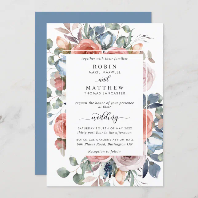 Blissful Floral, Dusty Blue Elegant Garden Wedding Invitation | Zazzle