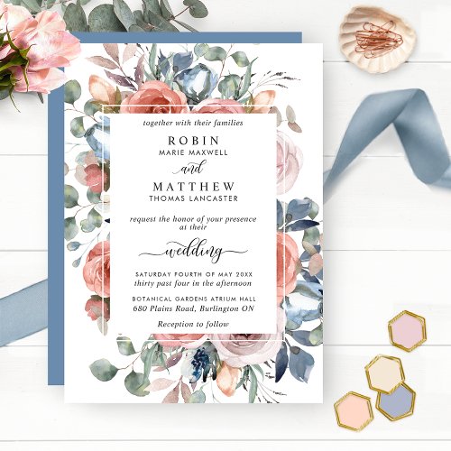 Blissful Floral Dusty Blue Elegant Garden Wedding Invitation
