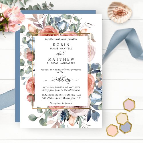 Blissful Floral Dusty Blue Elegant Garden Wedding Invitation