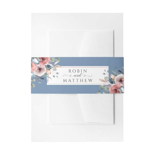 Blissful Floral, Dusty Blue Wedding Invitation Belly Band (Front Example)