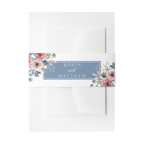 Blissful Floral White and Dusty Blue  Wedding Invitation Belly Band