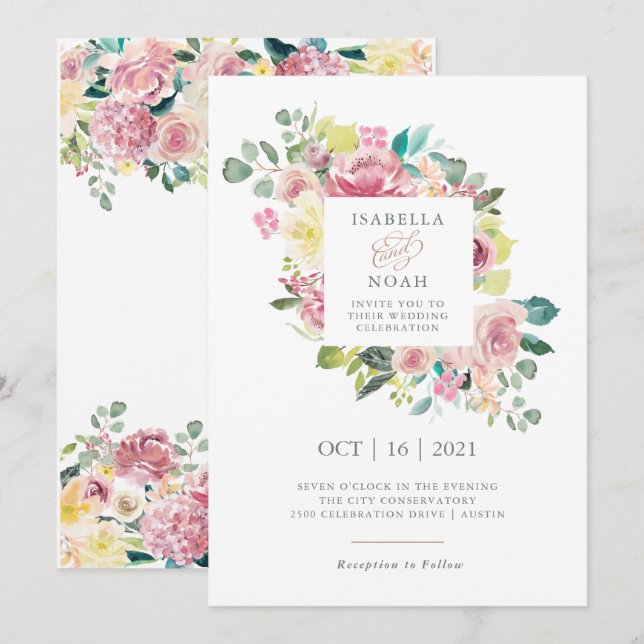 Blissful Love | Watercolor Pink Floral Wedding Invitation (Front/Back)