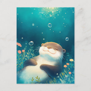 Blissful Otter Floating in Dreamy Blue Water Postcard