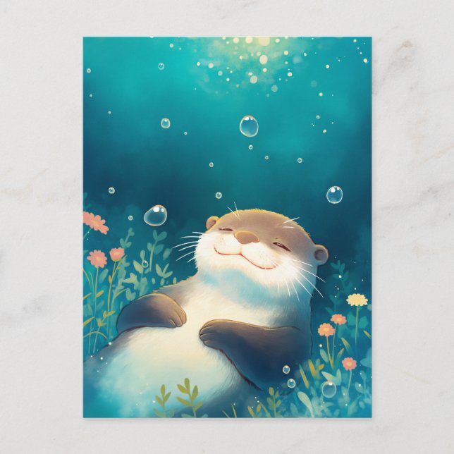 Blissful Otter Floating in Dreamy Blue Water Postcard (Front)