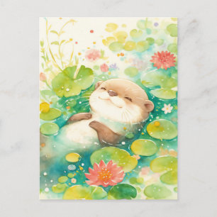 Blissful Otter Floating in Lily Pond Postcard