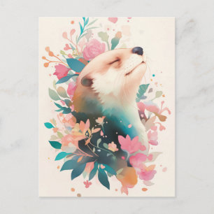 Blissful Otter in Pink Floral Garden Postcard