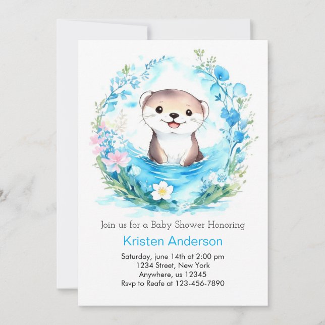 Blissful Otter Joyful Blue Floral Boy Baby Shower Invitation (Front)