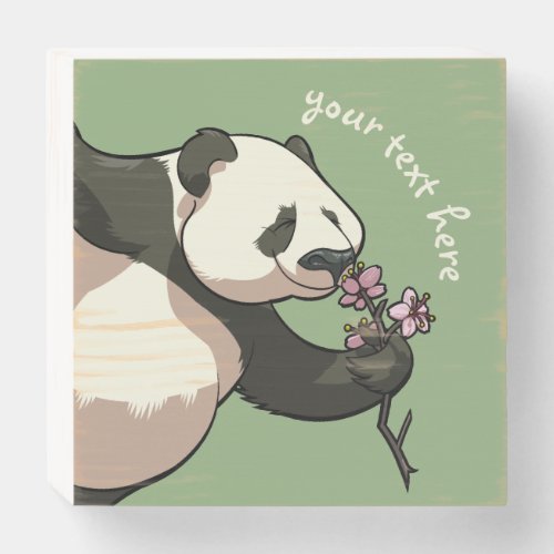 Blissful Panda Smelling Blossom Flowers Cartoon Wooden Box Sign