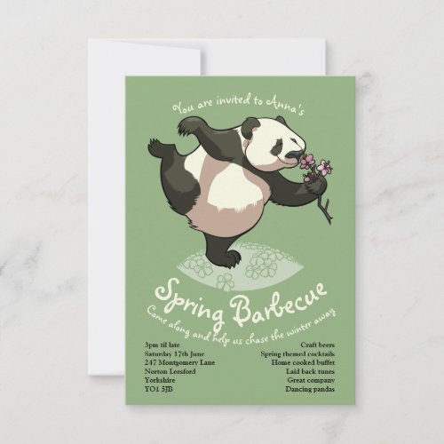 Blissful Panda Smelling Blossom Flowers With Text Invitation