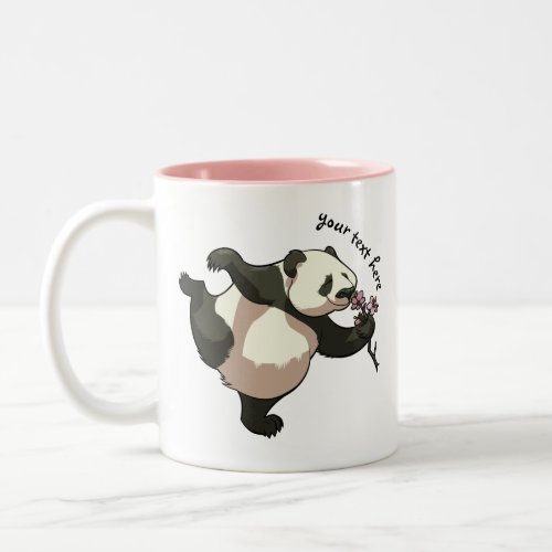 Blissful Panda Smelling Blossom Flowers With Text Two_Tone Coffee Mug