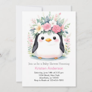 Blissful Pink Floral Penguin Girl Baby Shower Invitation
