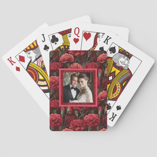 Blissful Red Carnation Charm Botanical Wedding Poker Cards (Back)