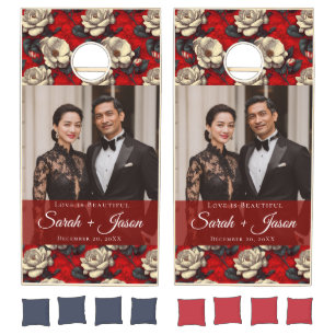 Blissful Red Gardenias Garden Traditional Wedding Cornhole Set