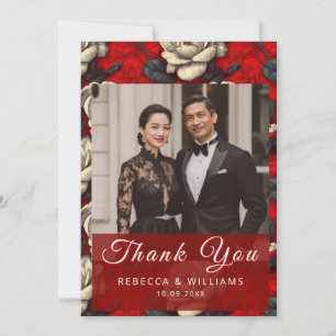 Blissful Red Gardenias Sparkle Botanical Wedding Thank You Card