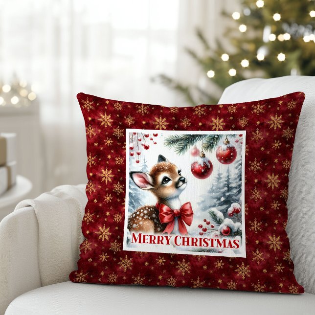 Blissful snowy forest Christmas scene baby deer  Throw Pillow (Blissful snowy forest Christmas scene baby deer kids decor)
