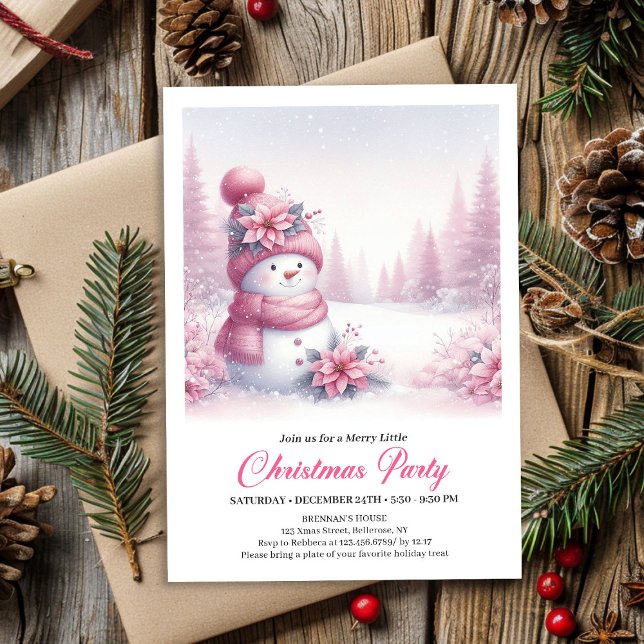 Blissful Snowy Pink Snowman Editable Kids Christma Invitation (Blissful Snowy Pink Snowman Editable Kids Christmas Invite)