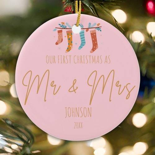 Blissful Unions _ Mr  Mrs First Christmas  Ceramic Ornament