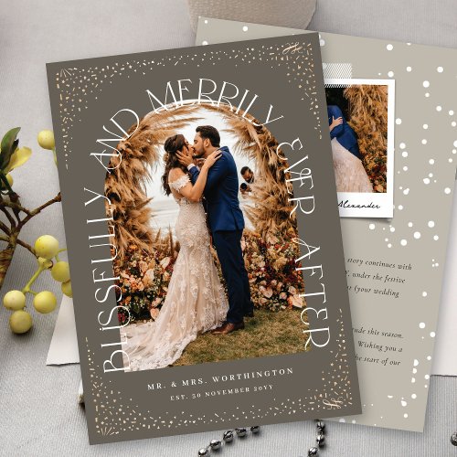 Blissfully  Merrily Ever After Arch Wedding Photo Holiday Card