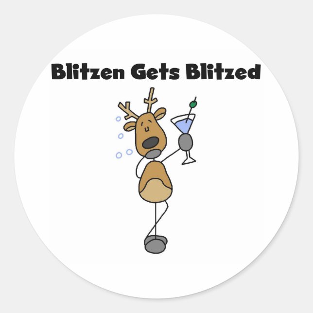 Blitzen Gets Blitzed Reindeer Humor Classic Round Sticker (Front)
