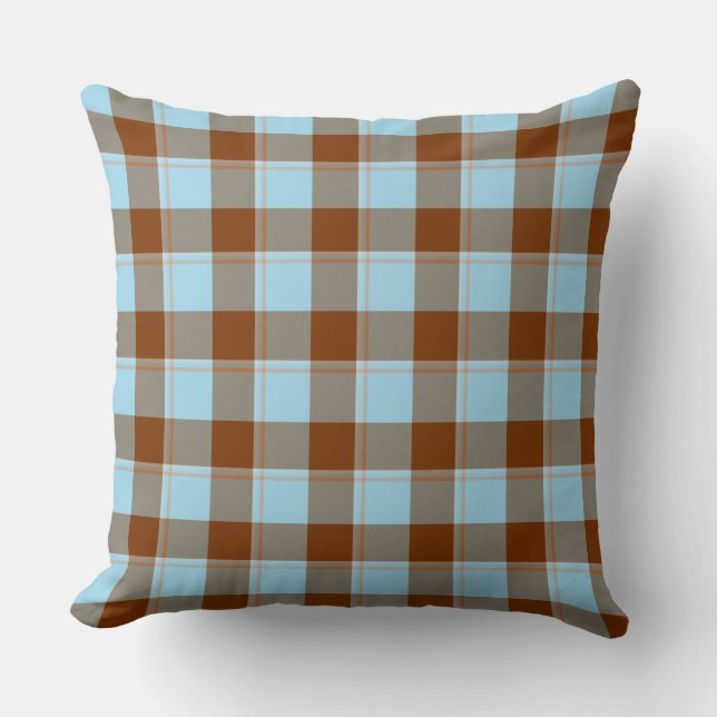 Blizzard Blue and Livid Brown Plaid Throw Pillow (Front)