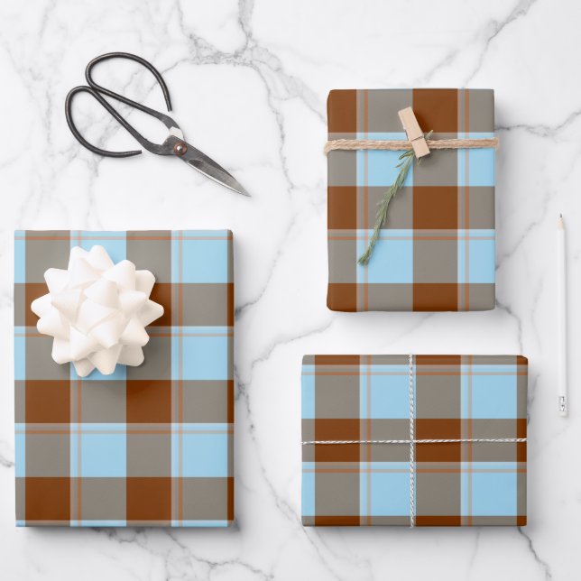 Blizzard Blue and Livid Brown Plaid Wrapping Paper Sheets (Front)