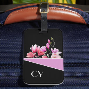 Blk Classy Monogrammed Pinks Botanical Luggage Tag