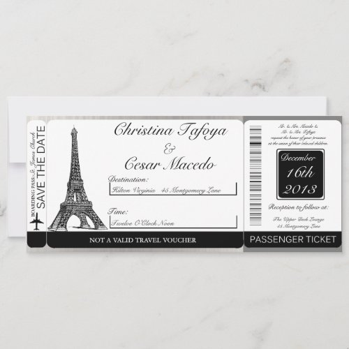 Blk Eiffel Tower Boarding Pass Wedding Invitation