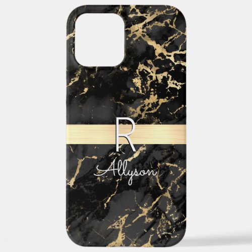 BlkGold Marble Gold Bar DIY White Name Monogram iPhone 12 Pro Max Case