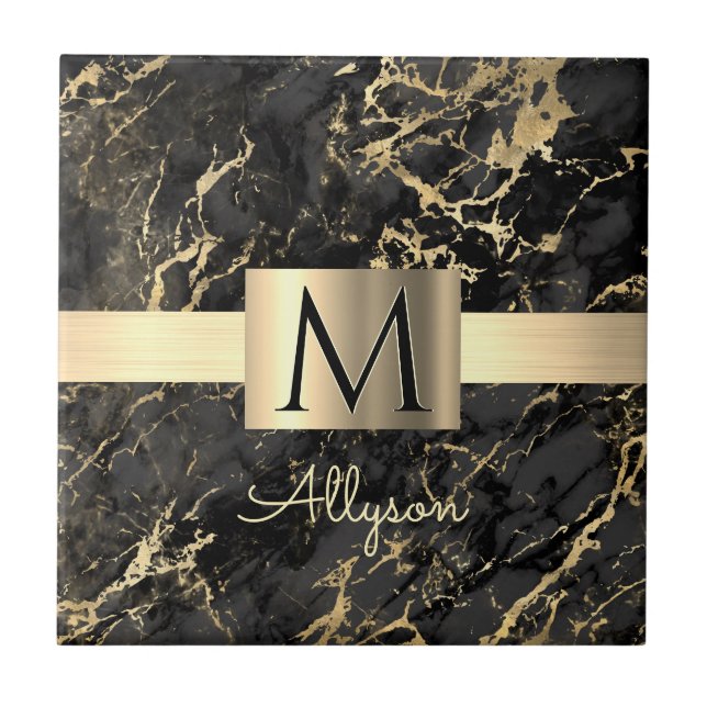 Blk & Gold Marble Gold Box, DIY Gold Name Monogram Ceramic Tile (Front)