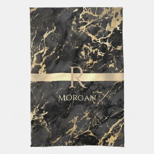 BlkGold Marble Gold Stripe DIY Gold Monogram Name Kitchen Towel