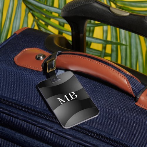 BlkGrey Curved Shapes Wht Monogram Contact Info Luggage Tag