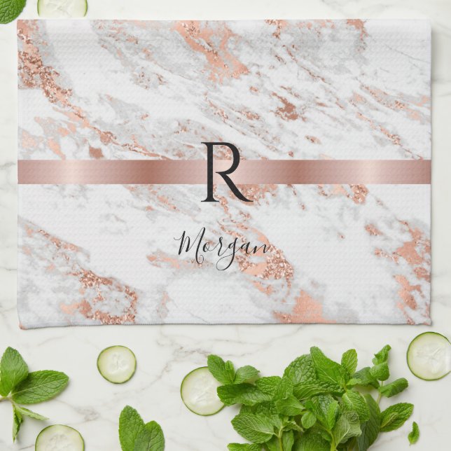 Blk Name/Monogram White+Rose Gold Marble Glitter 2 Kitchen Towel (Folded)