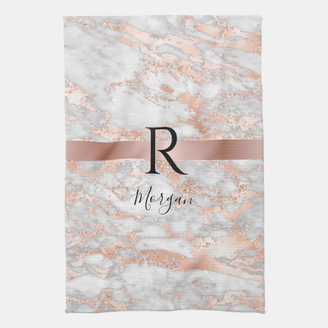 Blk Name/Monogram White/Rose Gold Marble Glitter 2 Kitchen Towel (Vertical)