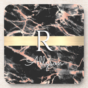 Blk & Rose Gold Marble Gold Bar, Wht Name Monogram Beverage Coaster