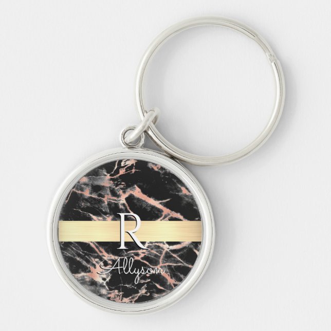 Blk & Rose Gold Marble Gold Bar, Wht Name Monogram Keychain (Front)