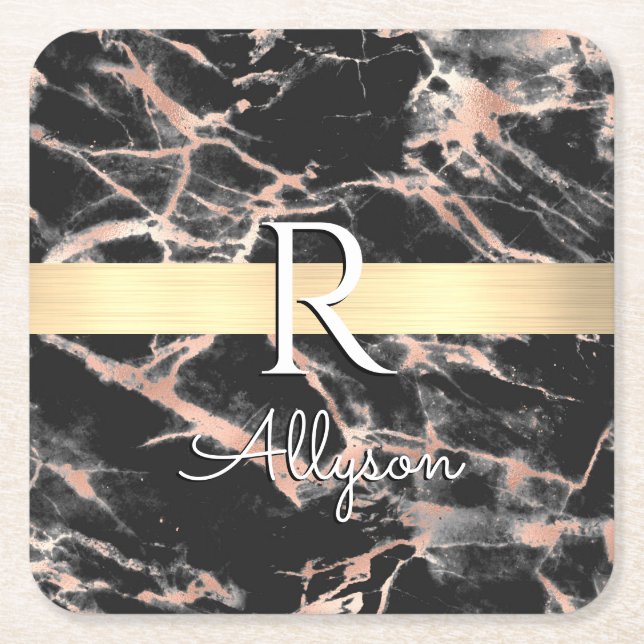 Blk & Rose Gold Marble Gold Bar, Wht Name Monogram Square Paper Coaster (Front)