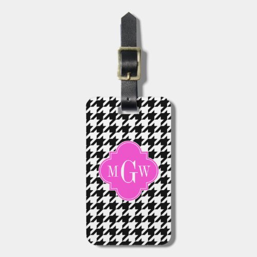 Blk Wht Houndstooth Hot Pink Quatrefoil 3 Monogram Luggage Tag