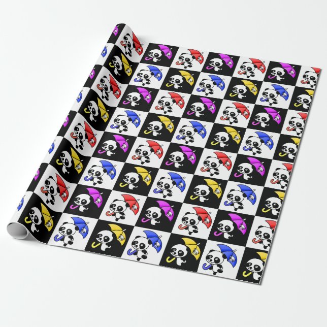 Block Checkered Cute Panda Pattern Wrapping Paper (Unrolled)