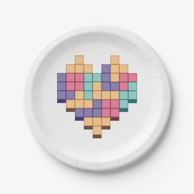 Block Game Heart Retro Style Paper Plates (Front)