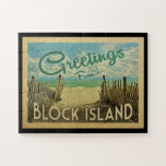 Block Island Beach Vintage Travel Jigsaw Puzzle<br><div class="desc">This Greetings From Block Island vintage postcard design features a sandy beach with a beautiful turquoise ocean water and above the sea,  a blue sky with billowy white clouds. In vintage travels style.</div>