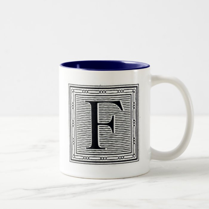 Block Letter "F" Woodcut Woodblock Inital Coffee Mugs